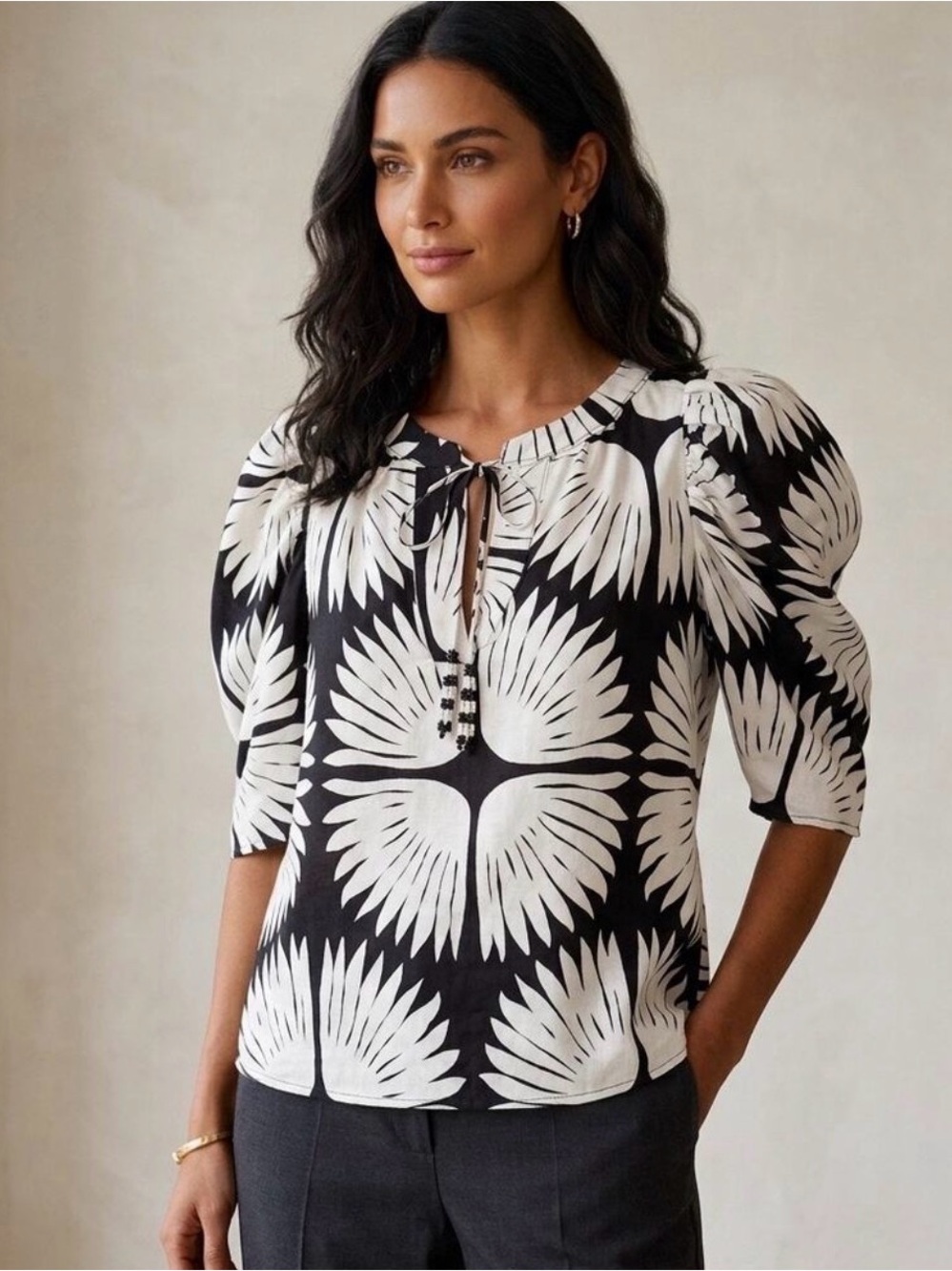 Rachel Zoe Black White Linen Blend Puff Sleeve Boho Blouse Top Womens Sz XS NWOT